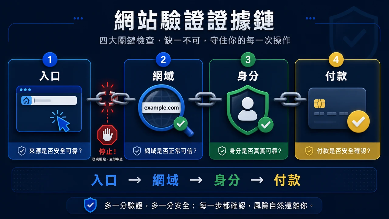 假網站驗證鏈：入口、網域、身分、付款