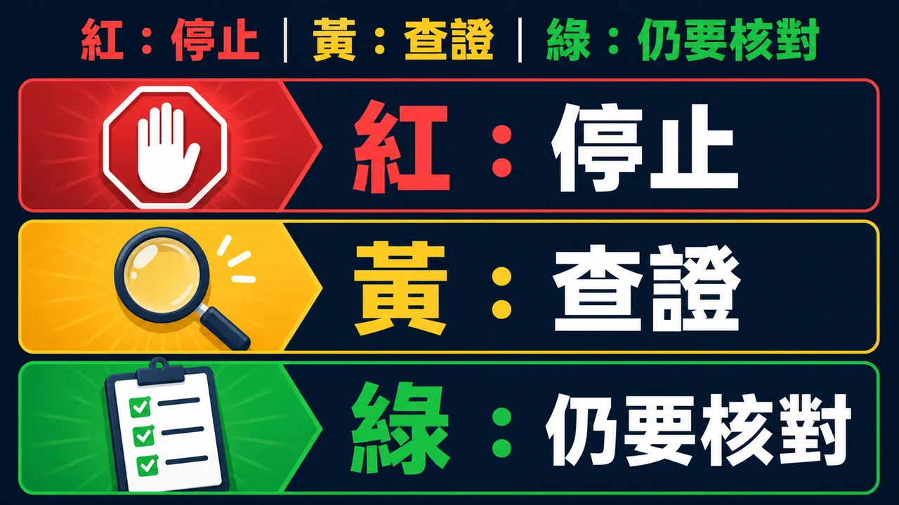 紅黃綠風險分級：停止、查證與仍需核對