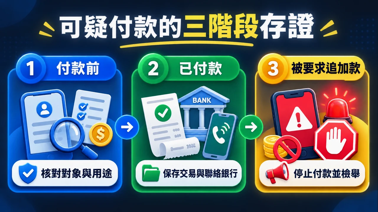 付款風險時間線：付款前、已付款、追加款