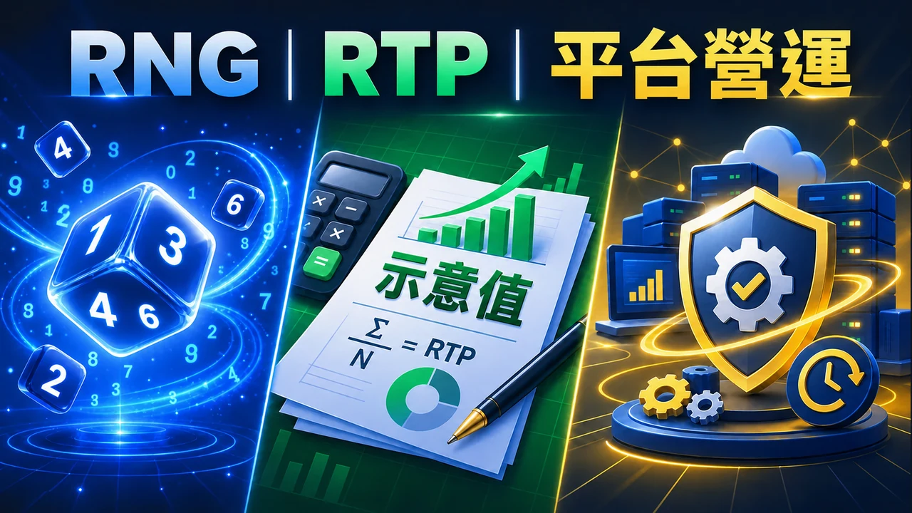 RNG、RTP 與平台營運三種證據的示意圖