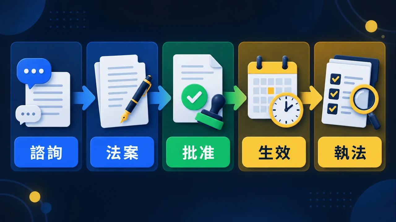 法規新聞從諮詢、法案、批准到生效與執法的階段圖