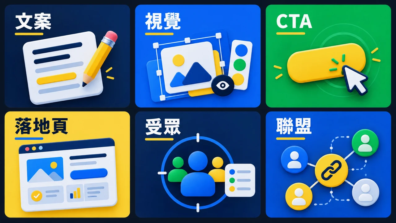 廣告文案、視覺、CTA、登陸頁、受眾與聯盟素材的稽核表面圖