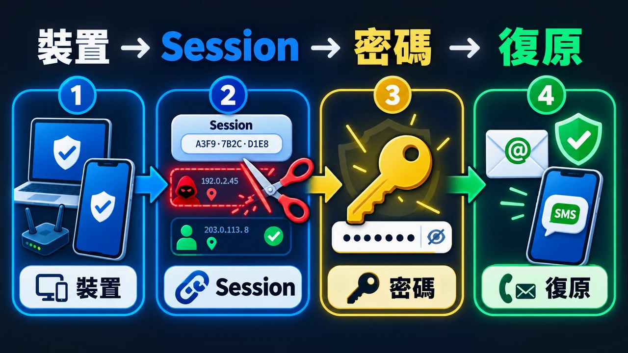 異常登入四層處理：裝置、Session、密碼、復原