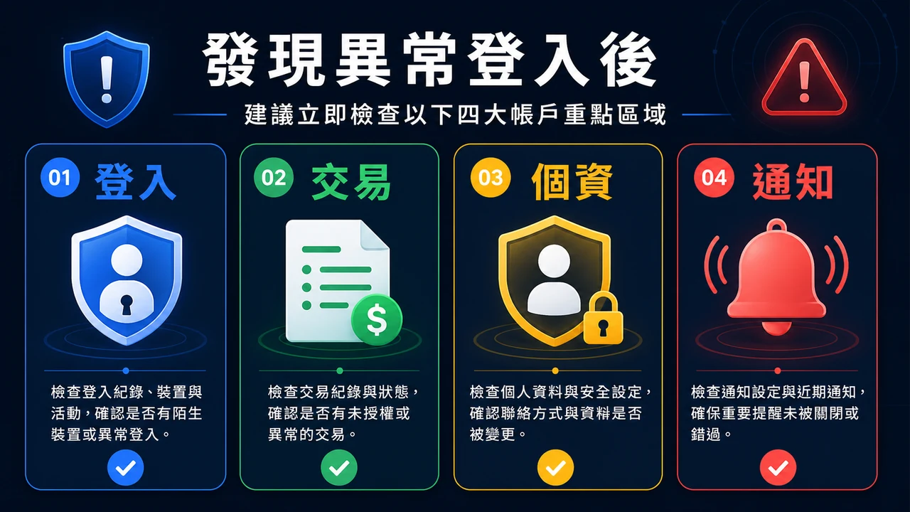 帳號事件影響面：登入、交易、個資、通知